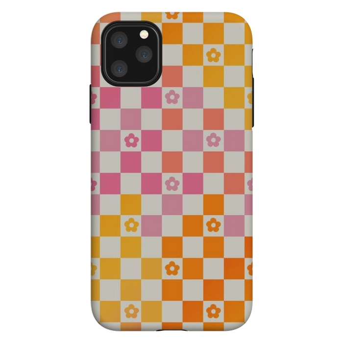 iPhone 11 Pro Max StrongFit Retro checks and daisy flowers - 70s gradient checkered pattern by Oana 