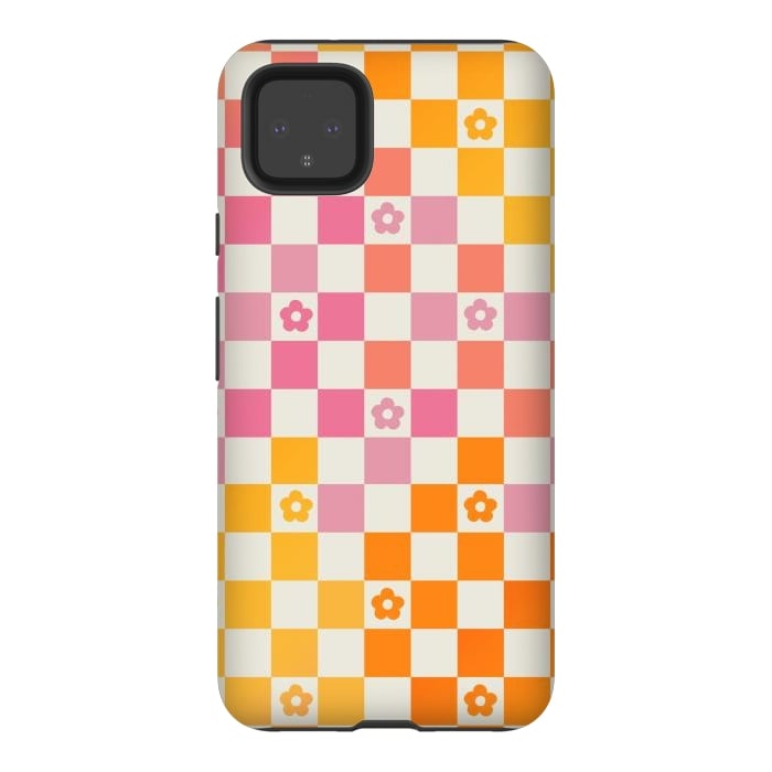 Pixel 4XL StrongFit Retro checks and daisy flowers - 70s gradient checkered pattern by Oana 