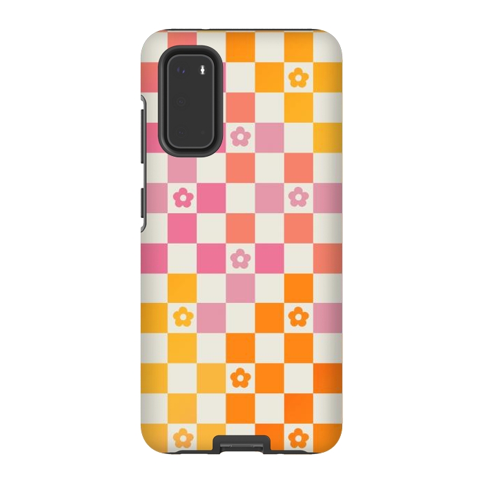 Galaxy S20 StrongFit Retro checks and daisy flowers - 70s gradient checkered pattern by Oana 