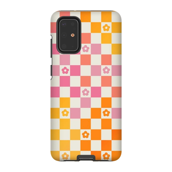 Galaxy S20 Plus StrongFit Retro checks and daisy flowers - 70s gradient checkered pattern by Oana 