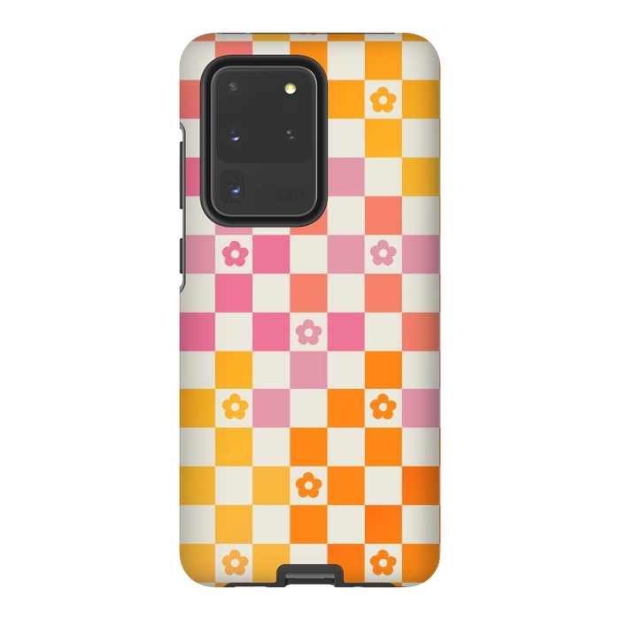 Galaxy S20 Ultra StrongFit Retro checks and daisy flowers - 70s gradient checkered pattern by Oana 