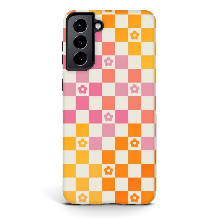 Galaxy S21 StrongFit Retro checks and daisy flowers - 70s gradient checkered pattern by Oana 