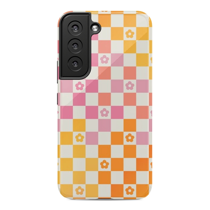 Galaxy S22 StrongFit Retro checks and daisy flowers - 70s gradient checkered pattern by Oana 