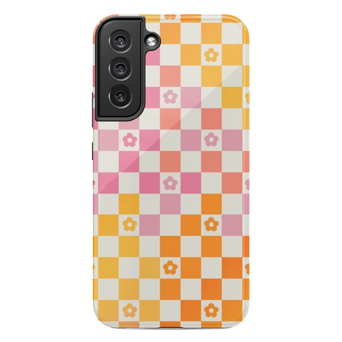 Galaxy S22 plus StrongFit Retro checks and daisy flowers - 70s gradient checkered pattern by Oana 