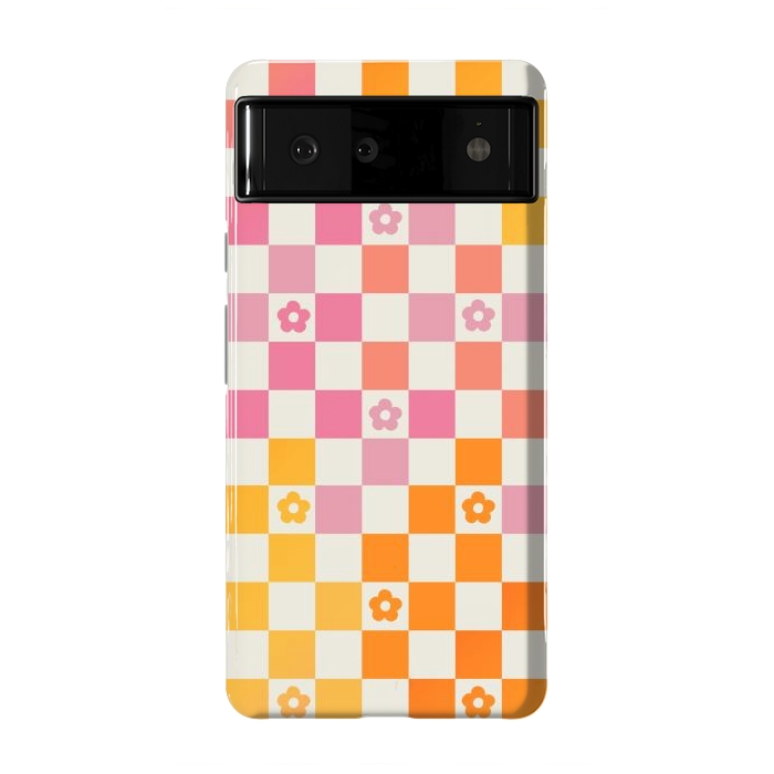 Pixel 6 StrongFit Retro checks and daisy flowers - 70s gradient checkered pattern by Oana 