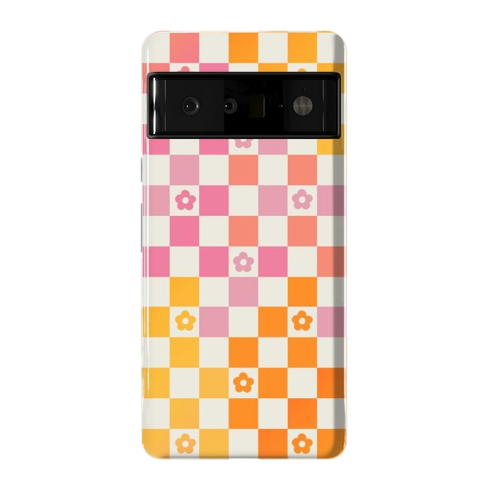 Pixel 6 Pro StrongFit Retro checks and daisy flowers - 70s gradient checkered pattern by Oana 