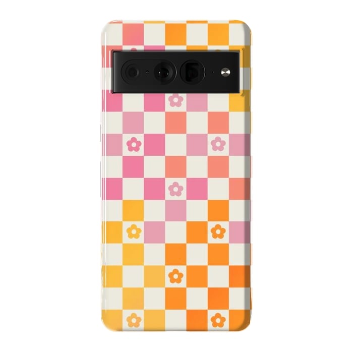 Pixel 7 Pro StrongFit Retro checks and daisy flowers - 70s gradient checkered pattern by Oana 