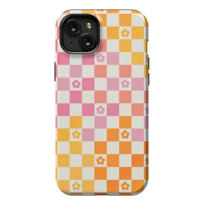 iPhone 15 Plus StrongFit Retro checks and daisy flowers - 70s gradient checkered pattern by Oana 