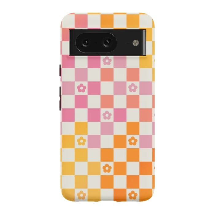 Pixel 8 StrongFit Retro checks and daisy flowers - 70s gradient checkered pattern by Oana 