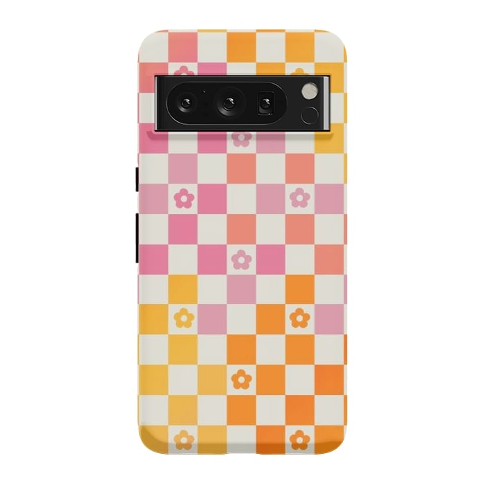 Pixel 8 Pro StrongFit Retro checks and daisy flowers - 70s gradient checkered pattern by Oana 