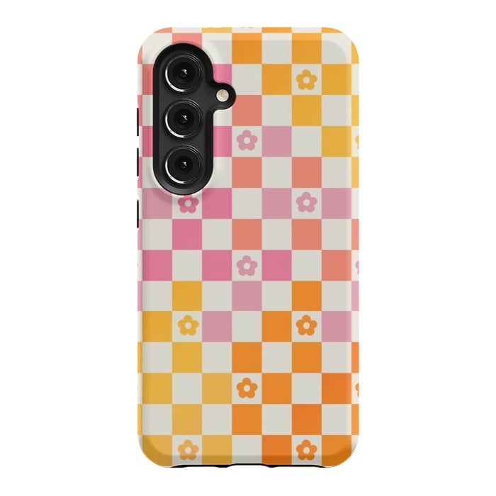 Galaxy S24 StrongFit Retro checks and daisy flowers - 70s gradient checkered pattern by Oana 