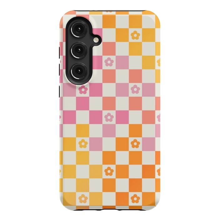 Galaxy S24 Plus StrongFit Retro checks and daisy flowers - 70s gradient checkered pattern by Oana 