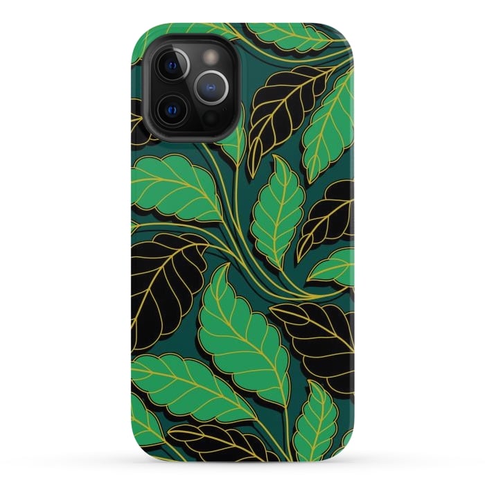 iPhone 12 Pro Max StrongFit Curved lines Branches Leaves black and green G608 by Medusa GraphicArt