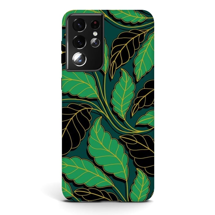 Galaxy S21 ultra StrongFit Curved lines Branches Leaves black and green G608 by Medusa GraphicArt