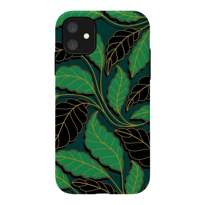iPhone 11 StrongFit Curved lines Branches Leaves black and green G608 by Medusa GraphicArt