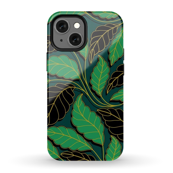 iPhone 12 mini StrongFit Curved lines Branches Leaves black and green G608 by Medusa GraphicArt