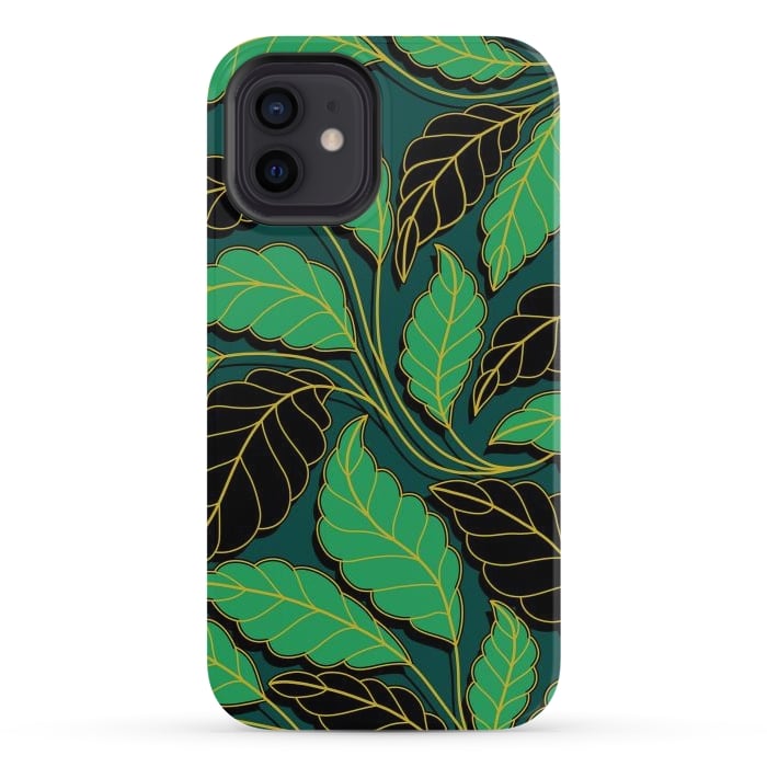 iPhone 12 StrongFit Curved lines Branches Leaves black and green G608 by Medusa GraphicArt
