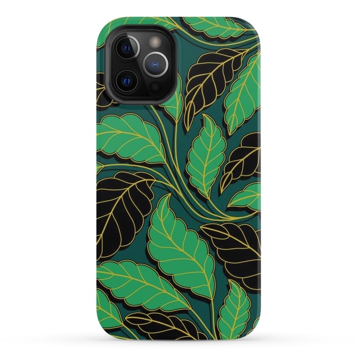 iPhone 12 Pro StrongFit Curved lines Branches Leaves black and green G608 by Medusa GraphicArt