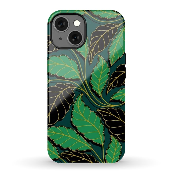 iPhone 13 StrongFit Curved lines Branches Leaves black and green G608 by Medusa GraphicArt
