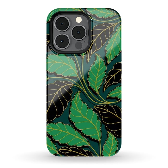 iPhone 13 pro StrongFit Curved lines Branches Leaves black and green G608 by Medusa GraphicArt