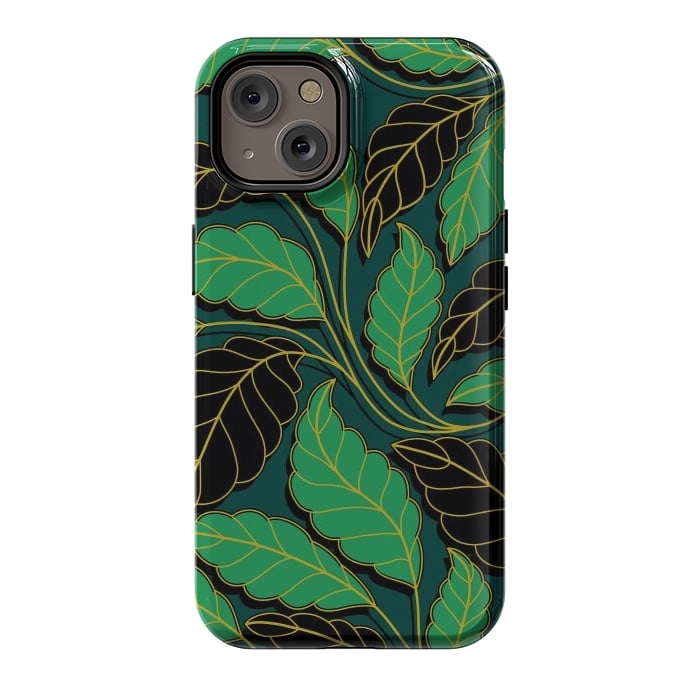 iPhone 14 StrongFit Curved lines Branches Leaves black and green G608 by Medusa GraphicArt