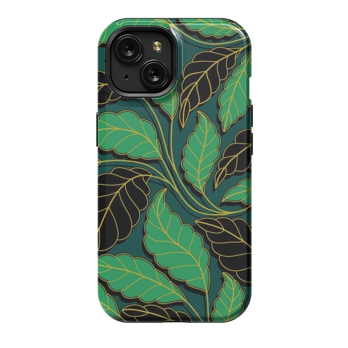 iPhone 15 StrongFit Curved lines Branches Leaves black and green G608 by Medusa GraphicArt