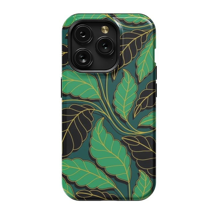 iPhone 15 Pro StrongFit Curved lines Branches Leaves black and green G608 by Medusa GraphicArt