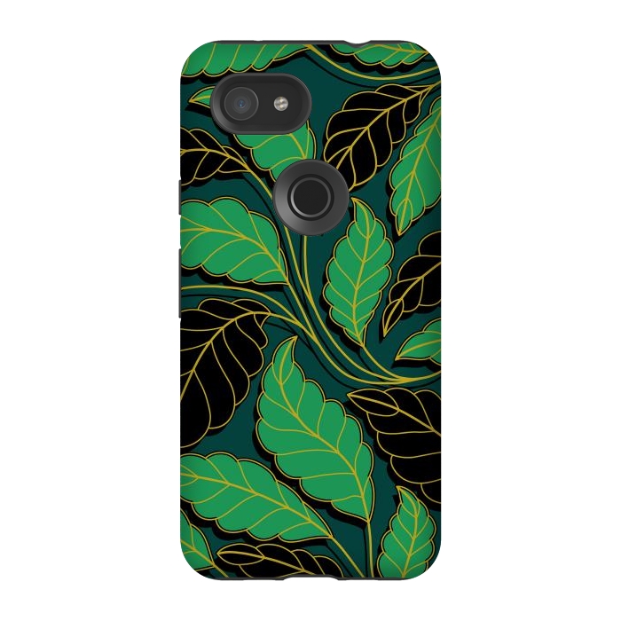 Pixel 3A StrongFit Curved lines Branches Leaves black and green G608 by Medusa GraphicArt