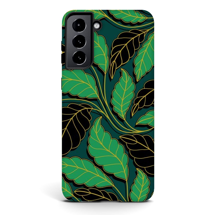 Galaxy S21 StrongFit Curved lines Branches Leaves black and green G608 by Medusa GraphicArt