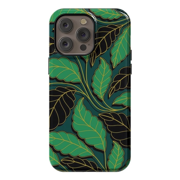 iPhone 14 Pro max StrongFit Curved lines Branches Leaves black and green G608 by Medusa GraphicArt