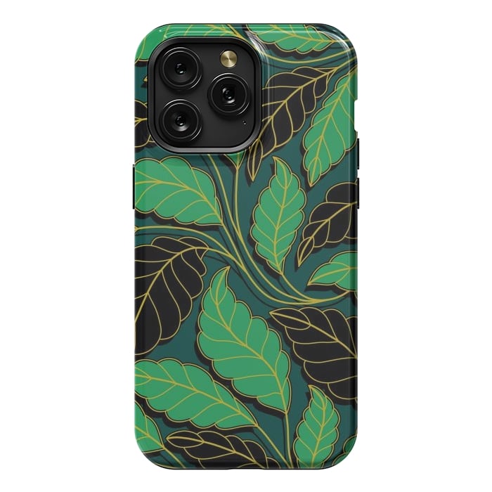 iPhone 15 Pro Max StrongFit Curved lines Branches Leaves black and green G608 by Medusa GraphicArt