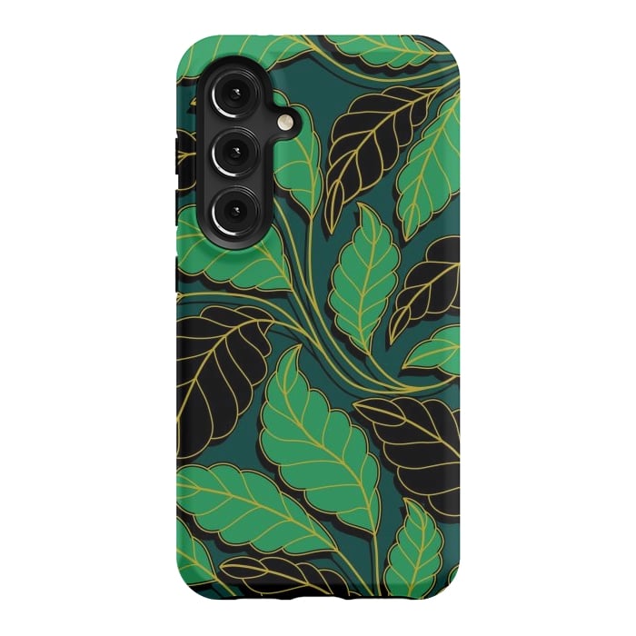 Galaxy S24 StrongFit Curved lines Branches Leaves black and green G608 by Medusa GraphicArt
