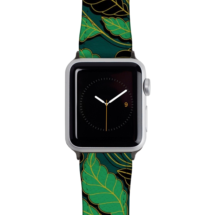 Watch 42mm / 44mm Strap PU leather Curved lines Branches Leaves black and green G608 by Medusa GraphicArt