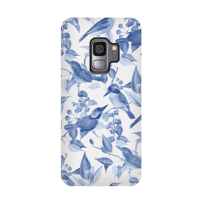 Galaxy S9 StrongFit Birds and leaves chinoiserie - blue porcelain nature pattern by Oana 