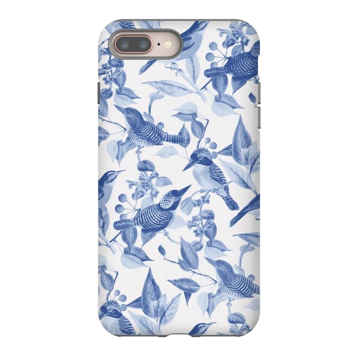iPhone 8 plus StrongFit Birds and leaves chinoiserie - blue porcelain nature pattern by Oana 