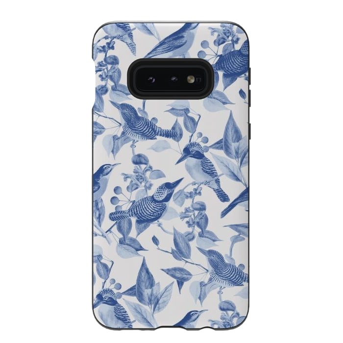 Galaxy S10e StrongFit Birds and leaves chinoiserie - blue porcelain nature pattern by Oana 