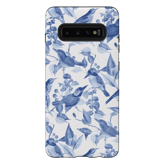 Galaxy S10 plus StrongFit Birds and leaves chinoiserie - blue porcelain nature pattern by Oana 