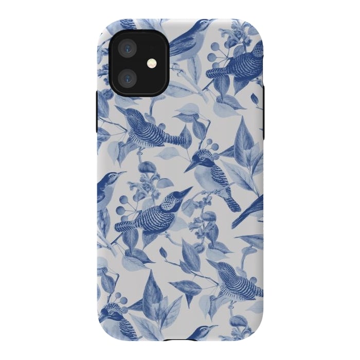 iPhone 11 StrongFit Birds and leaves chinoiserie - blue porcelain nature pattern by Oana 