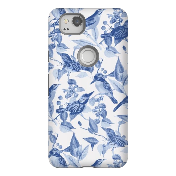 Pixel 2 StrongFit Birds and leaves chinoiserie - blue porcelain nature pattern by Oana 