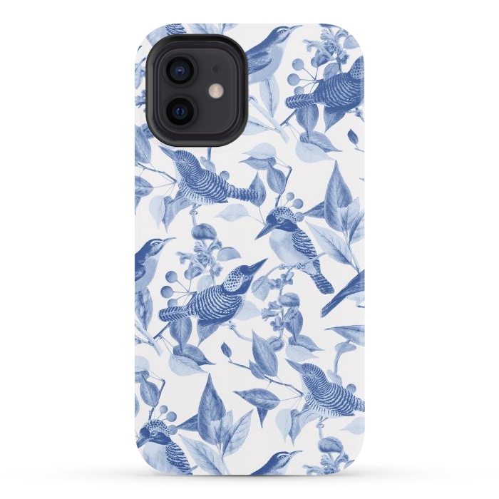 iPhone 12 StrongFit Birds and leaves chinoiserie - blue porcelain nature pattern by Oana 