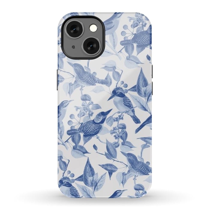 iPhone 13 StrongFit Birds and leaves chinoiserie - blue porcelain nature pattern by Oana 