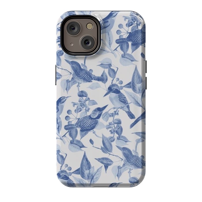 iPhone 14 StrongFit Birds and leaves chinoiserie - blue porcelain nature pattern by Oana 