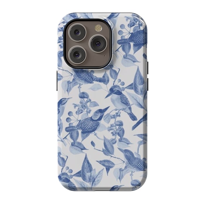 iPhone 14 Pro StrongFit Birds and leaves chinoiserie - blue porcelain nature pattern by Oana 