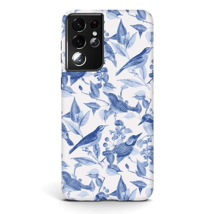 Galaxy S21 ultra StrongFit Birds and leaves chinoiserie - blue porcelain nature pattern by Oana 