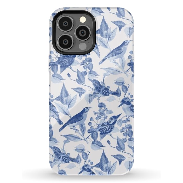 iPhone 13 Pro Max StrongFit Birds and leaves chinoiserie - blue porcelain nature pattern by Oana 