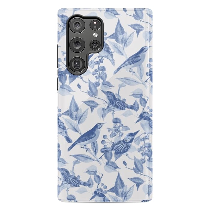 Galaxy S22 Ultra StrongFit Birds and leaves chinoiserie - blue porcelain nature pattern by Oana 