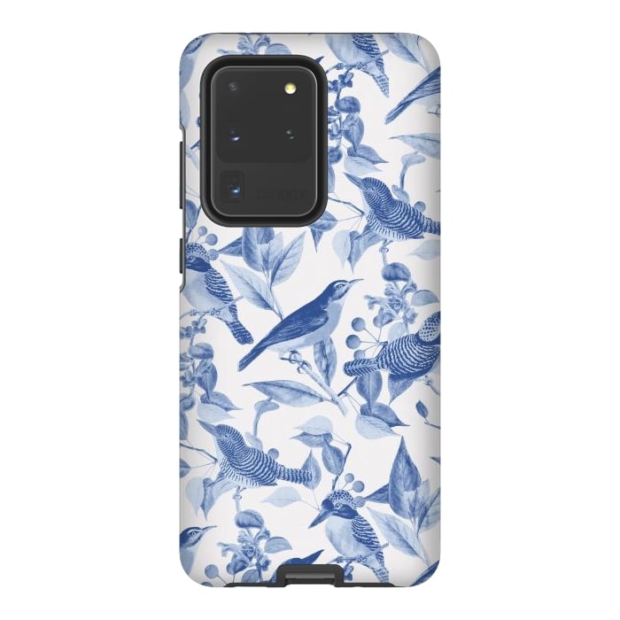 Galaxy S20 Ultra StrongFit Birds and leaves chinoiserie - blue porcelain nature pattern by Oana 