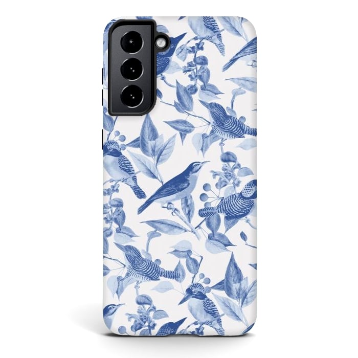 Galaxy S21 StrongFit Birds and leaves chinoiserie - blue porcelain nature pattern by Oana 