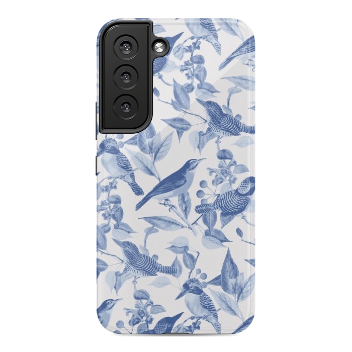 Galaxy S22 StrongFit Birds and leaves chinoiserie - blue porcelain nature pattern by Oana 