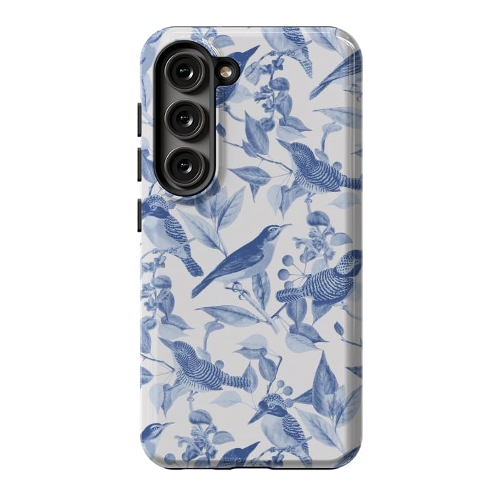 Galaxy S23 StrongFit Birds and leaves chinoiserie - blue porcelain nature pattern by Oana 
